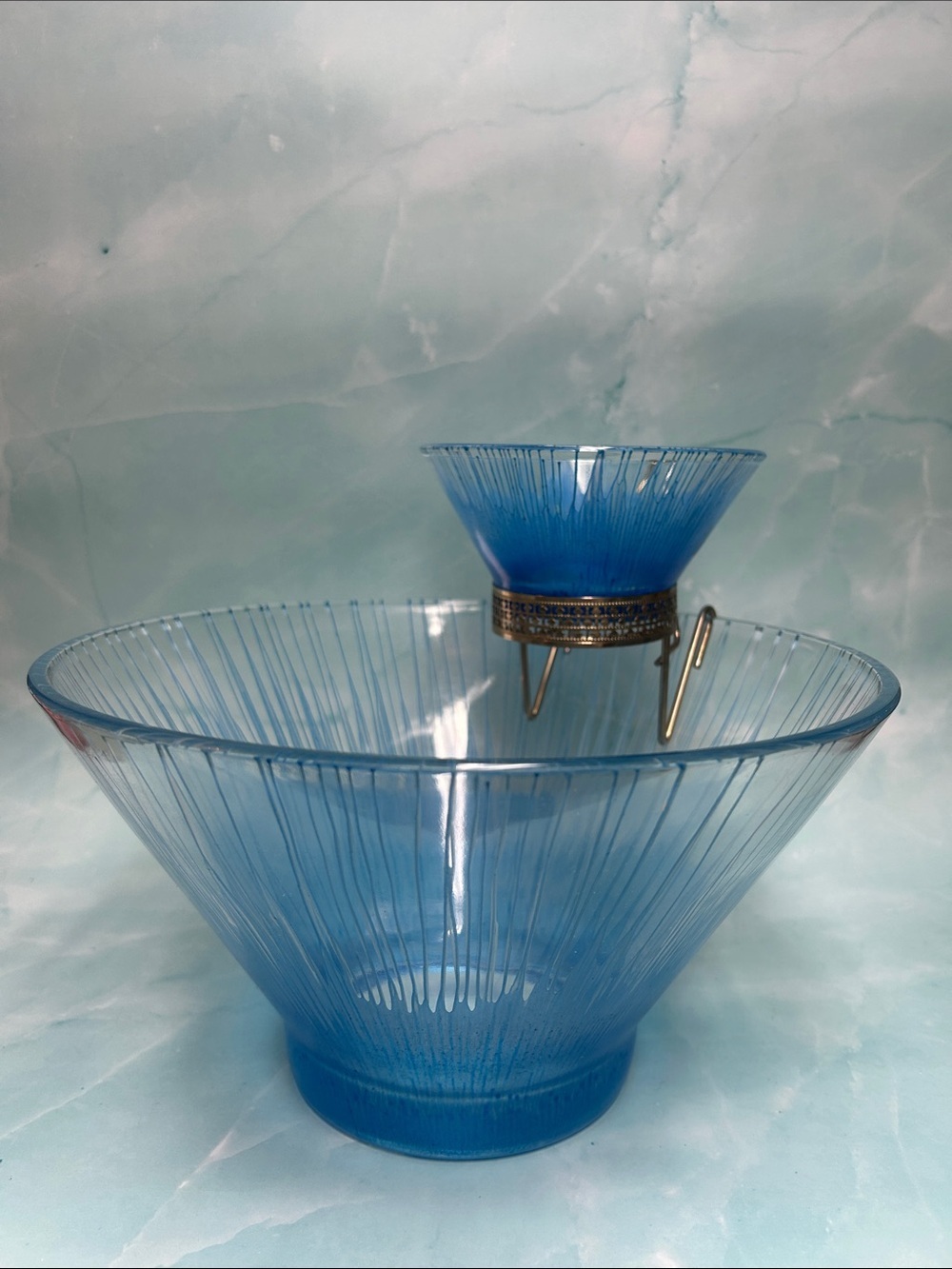 blue Splash Clear Glass Chip Dip Set w/ Metal Hanger Bracket, Anchor Hocking USA